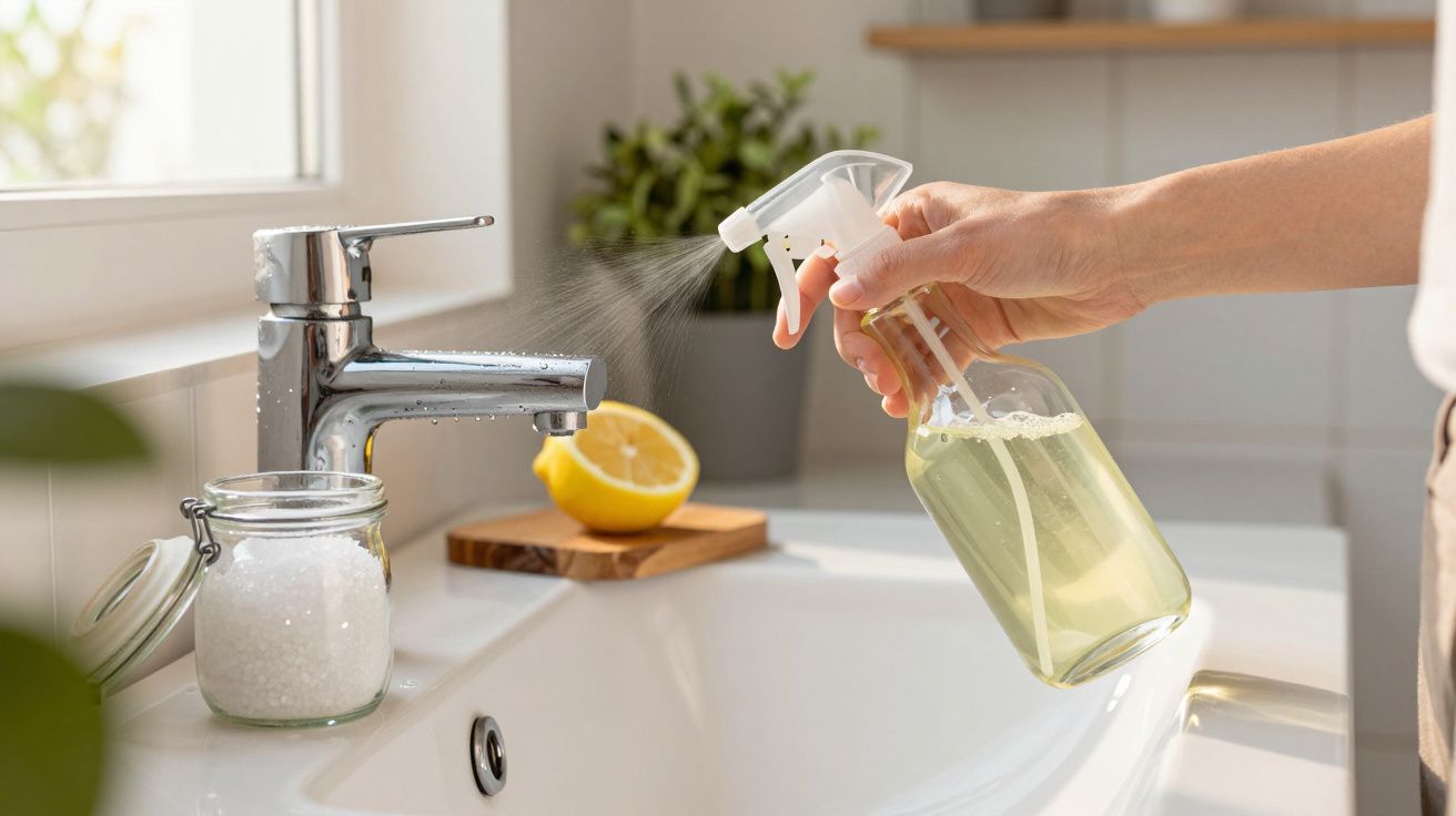 Pessoa a borrifar spray de limpeza numa torneira de lavatório branco com limão e frasco de sal ao lado.