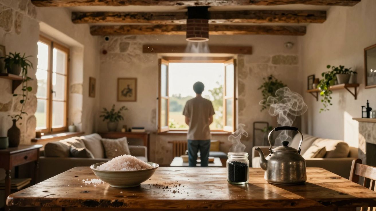 Interior rústico com mesa de madeira, bule a ferver, sal numa taça e pessoa de costas a olhar pela janela aberta.