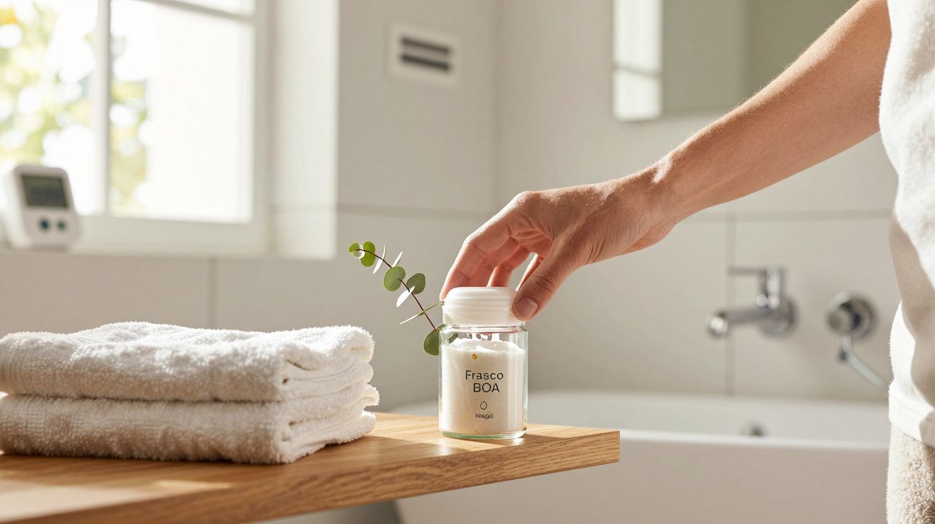 Mão a pegar frasco com vela aromática junto a toalhas brancas numa casa de banho luminosa.