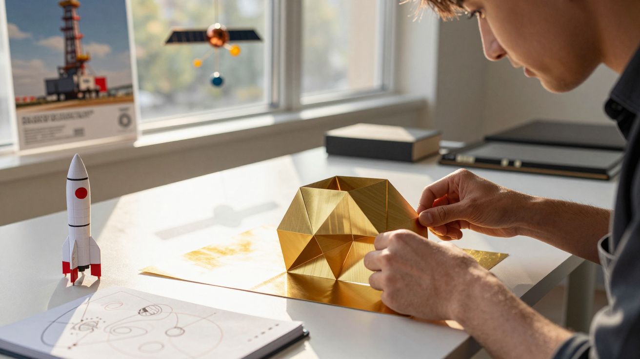 Pessoa a montar modelo geométrico dourado numa mesa com foguete de papel e desenho do sistema solar.
