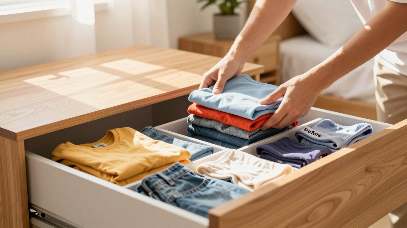 Pessoa a guardar roupa dobrada numa gaveta organizada de madeira clara, num quarto iluminado.