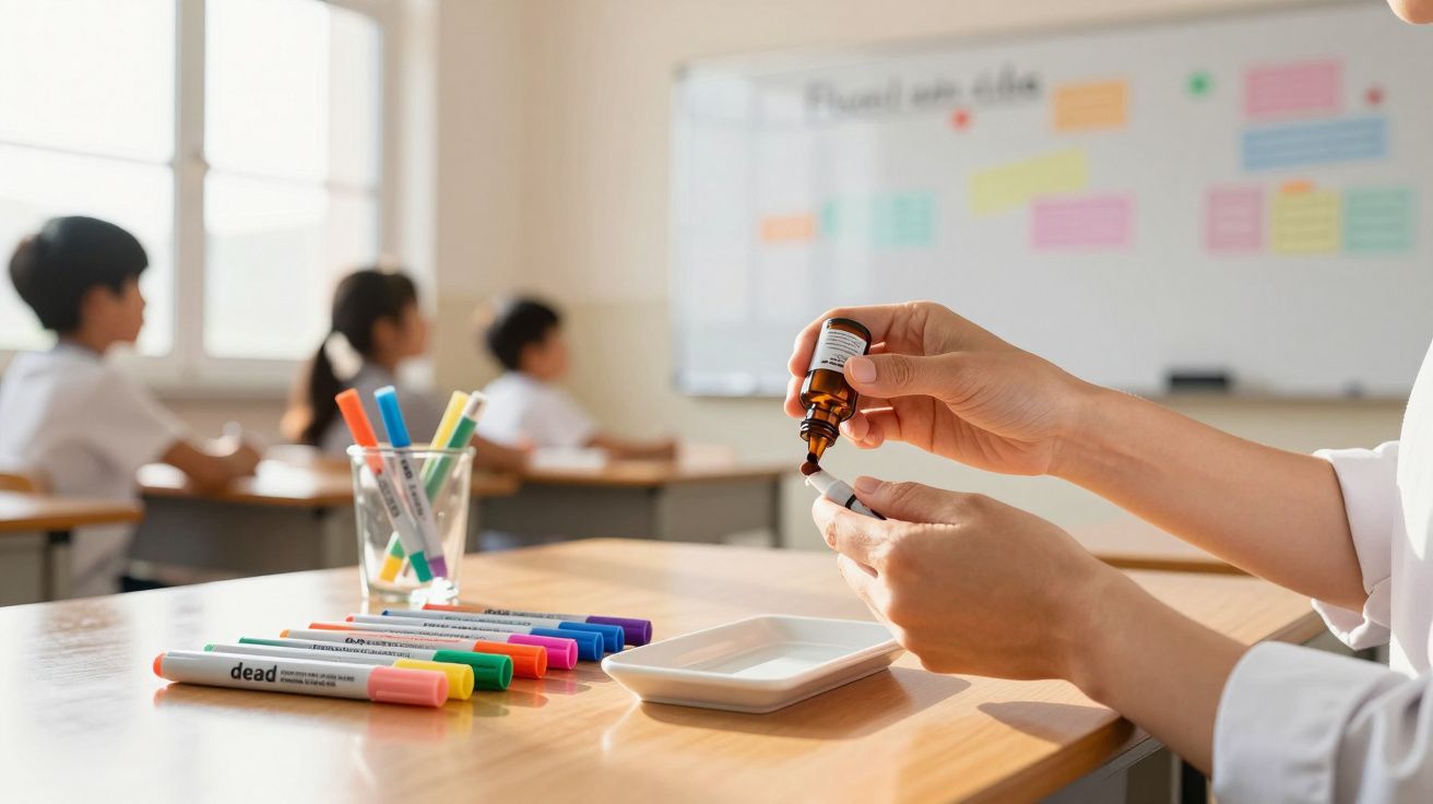 Mãos a pingar líquido de um frasco para uma cápsula num ambiente escolar com crianças ao fundo.