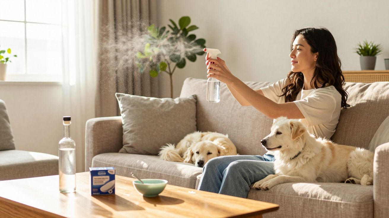 Mulher sentada no sofá a usar spray, com dois cães descansando ao lado dela numa sala iluminada.