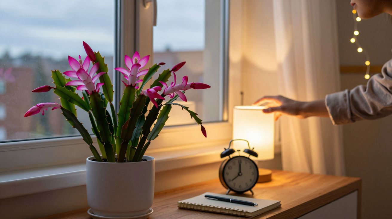 Flor de Natal rosa numa jarra branca junto a janela e candeeiro com despertador numa mesa de madeira.