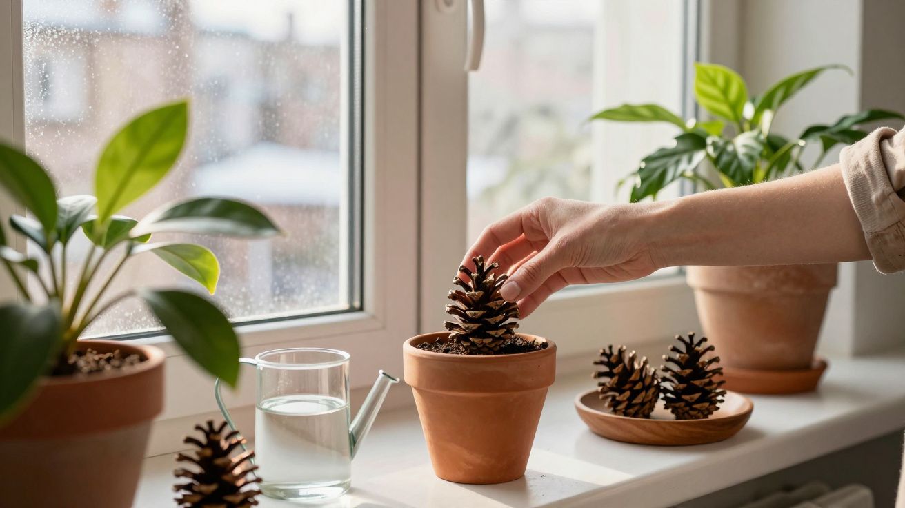 Mão coloca pinha num vaso de barro na janela com outras plantas, regador de vidro e mais pinhas numa tigela.