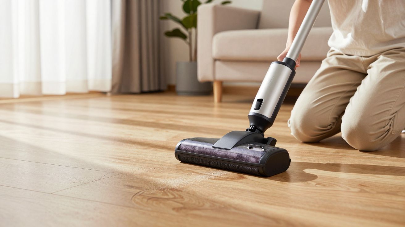 Pessoa a aspirar chão de madeira clara numa sala com sofá e planta num vaso.