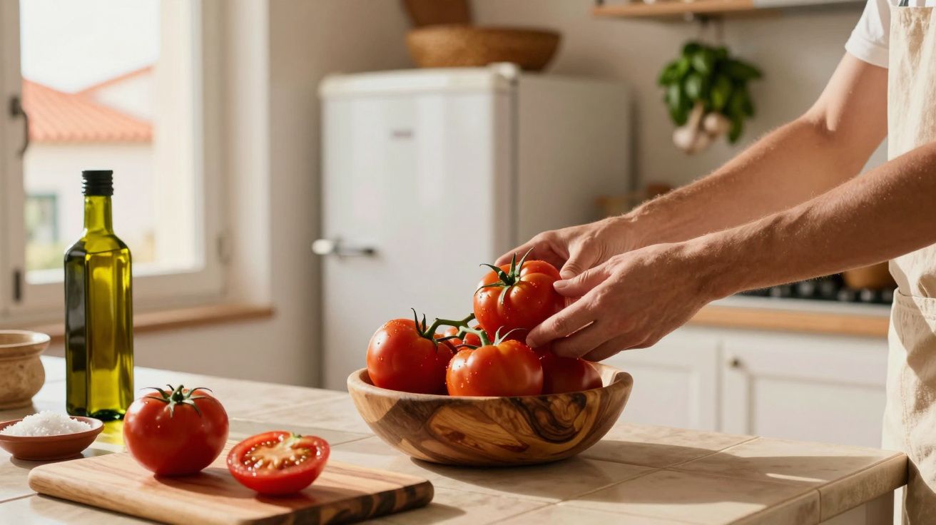 Mãos a colocar tomates frescos numa tigela de madeira numa cozinha iluminada com garrafa de azeite ao lado.