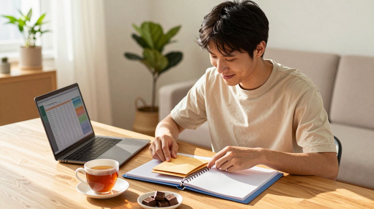 Jovem a estudar com computador, chá e chocolates num ambiente luminoso e aconchegante em casa.