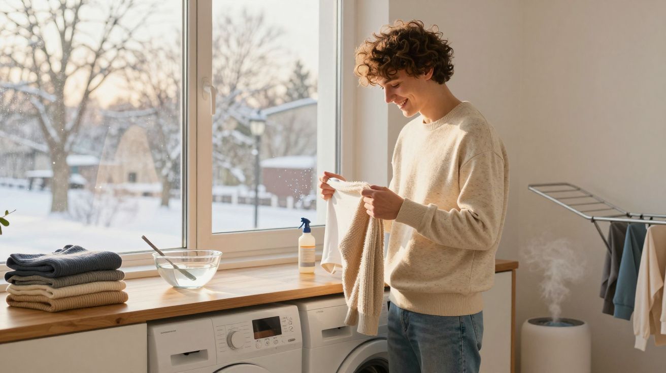 Homem sorridente a passar roupa junto a uma janela com vista para paisagem nevada.