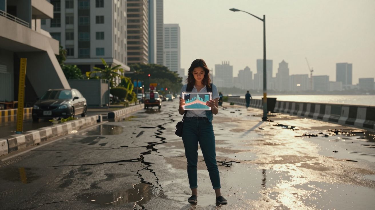 Mulher jovem segura tablet com gráfico em passeio urbano rachado, refletindo luz do sol poente.