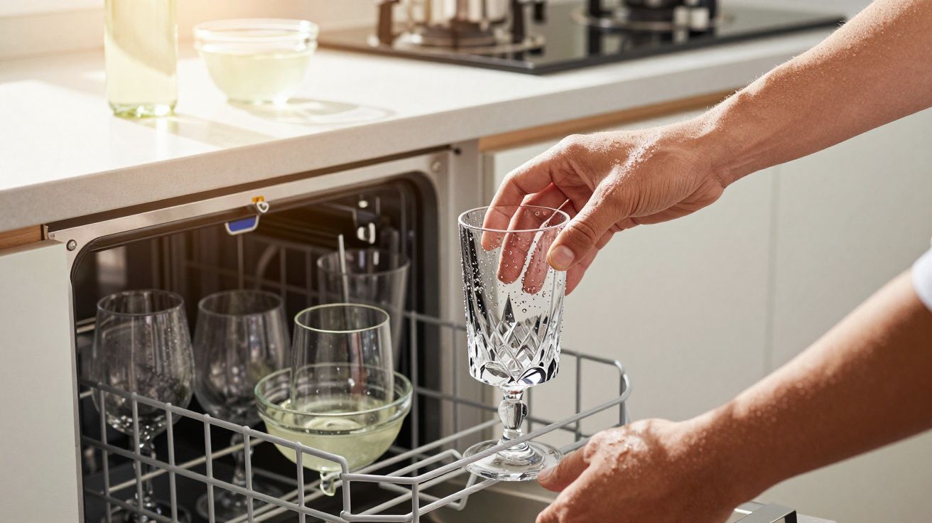 Mãos a retirar copo de vidro lavado da máquina de lavar loiça numa cozinha moderna.