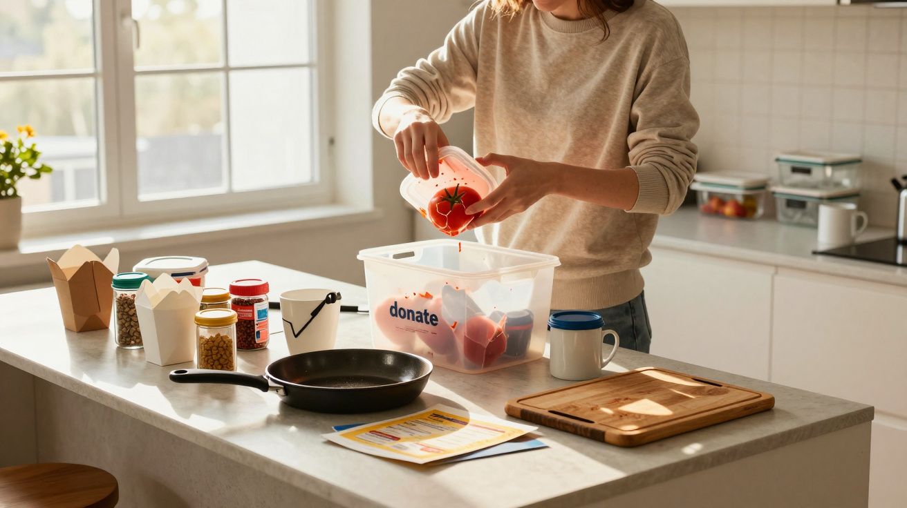 Pessoa a colocar alimentos numa caixa para doação numa cozinha luminosa e organizada.