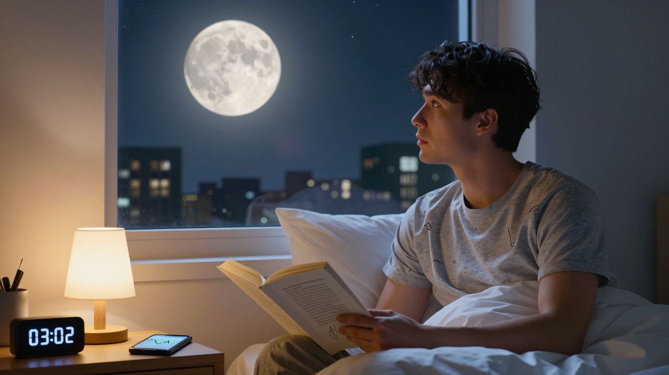 Jovem sentado na cama a ler, a olhar para a lua cheia através da janela durante a noite.