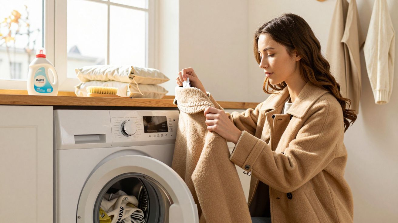 Mulher a verificar etiqueta de casaco junto a máquina de lavar roupa aberta numa lavandaria.