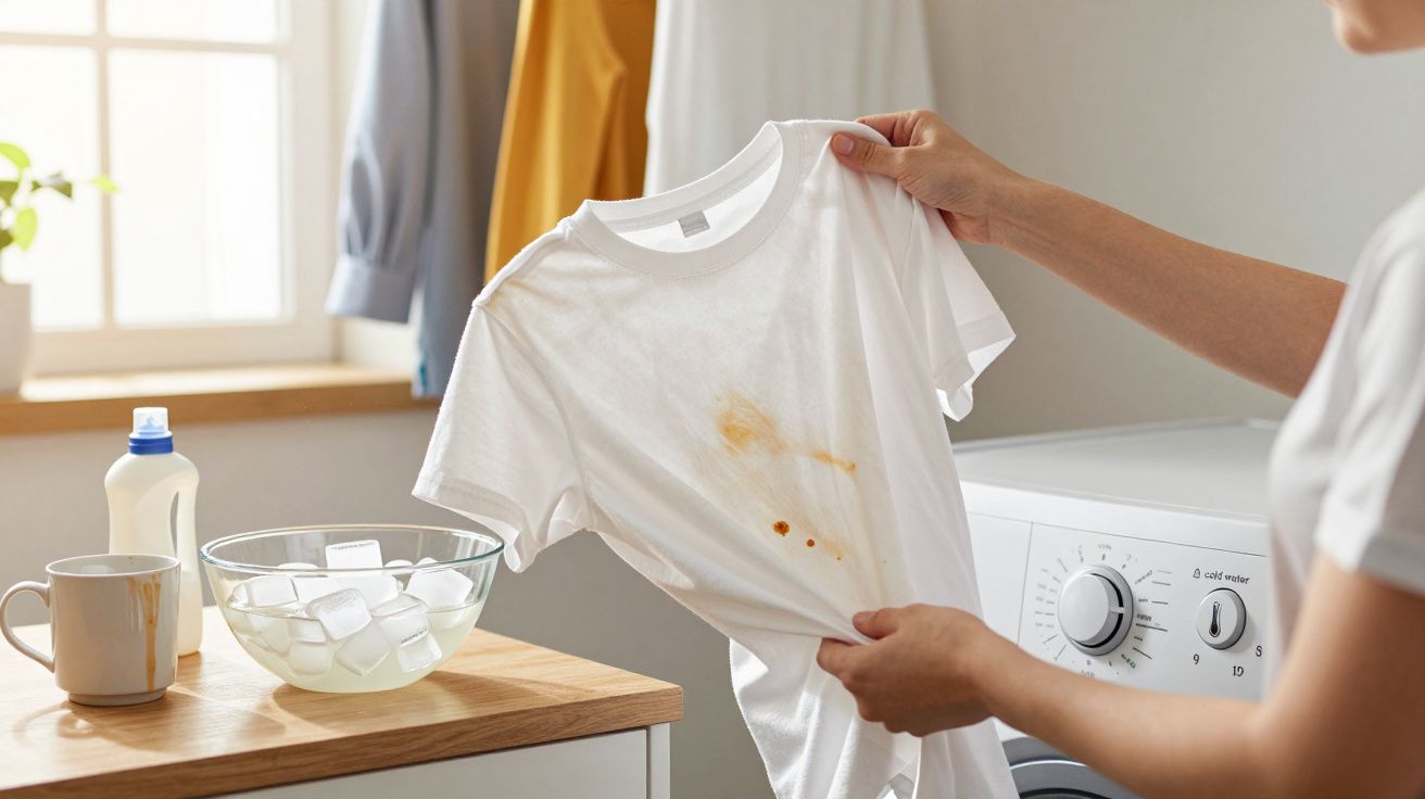 Pessoa a mostrar uma t-shirt branca com nódoa amarela e produtos para remover manchas ao lado.