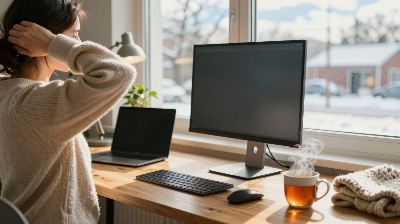 Pessoa sentada numa secretária com computador, chá quente e vista para o exterior pela janela.