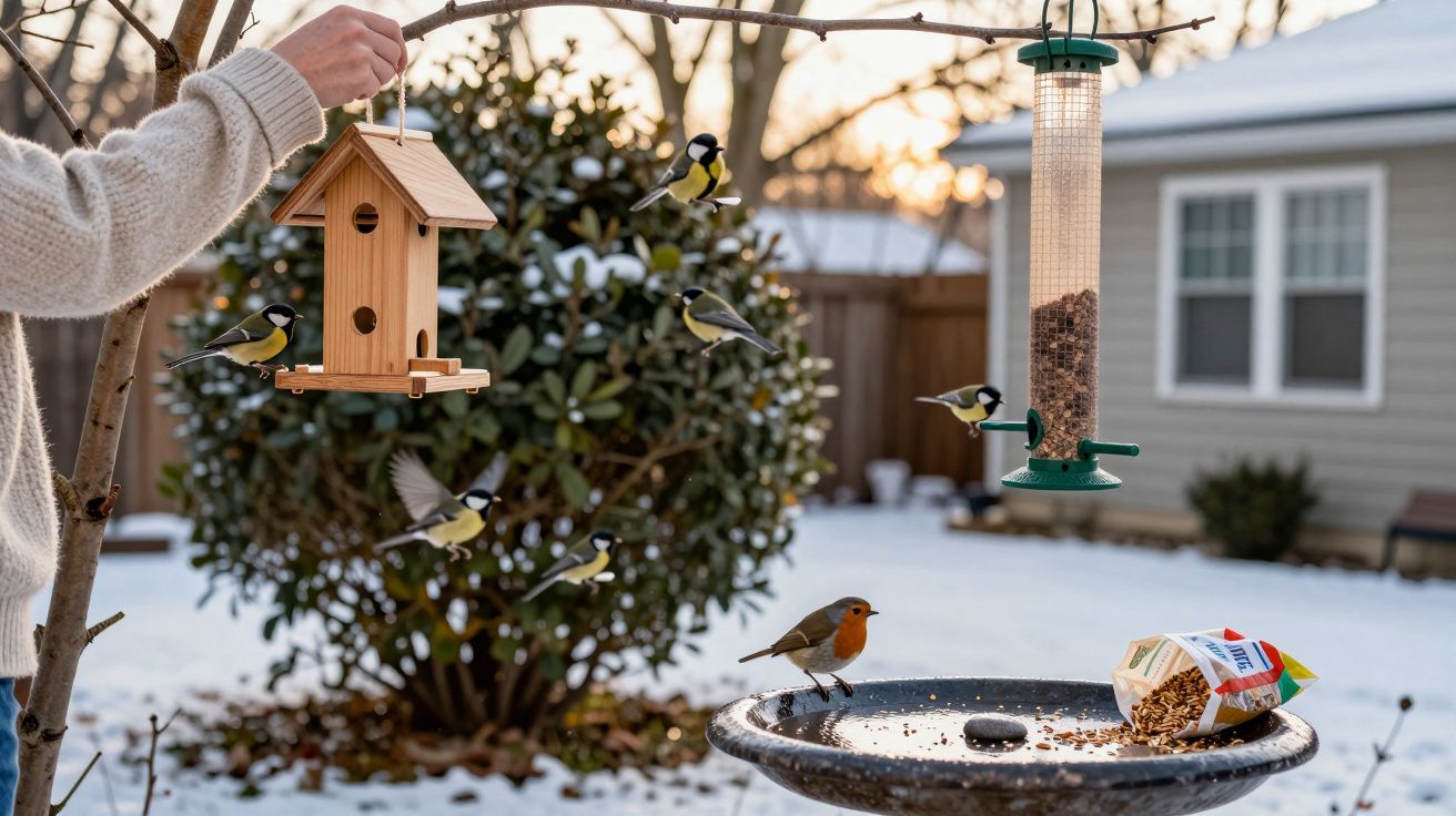 Mãos a segurar casa de pássaros com várias aves pequenas a voar e comer num jardim com neve.