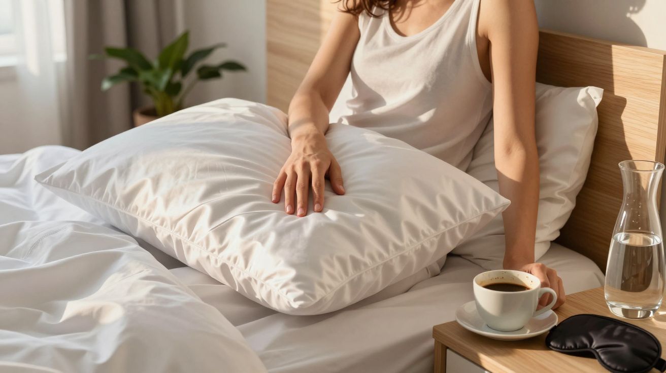 Pessoa sentada na cama com almofada branca, xícara de café, jarro de água e máscara para dormir na mesa de cabeceira.
