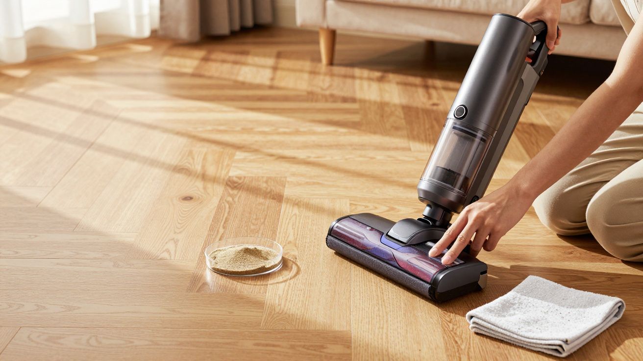 Pessoa a utilizar aspirador vertical sem fios para limpar pó do chão de madeira.