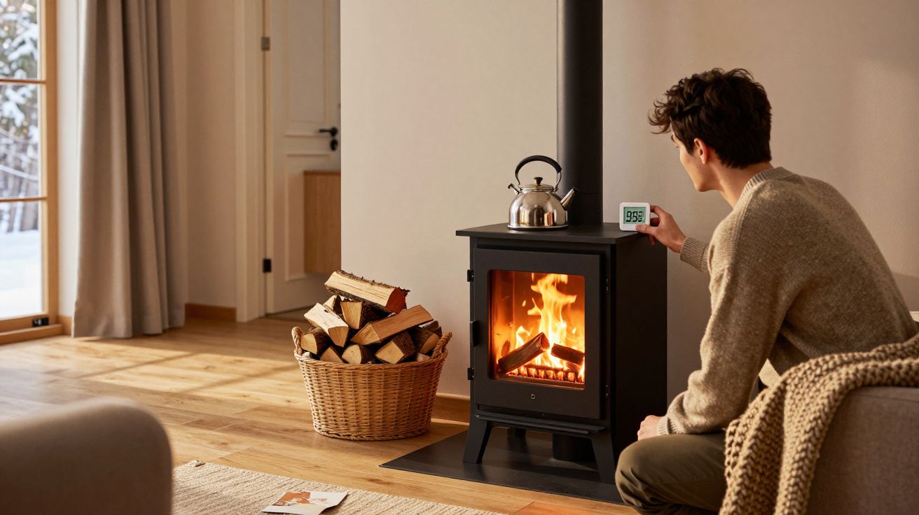 Homem senta junto a lareira acesa, ajustando termómetro digital num ambiente acolhedor com cesto de lenha.