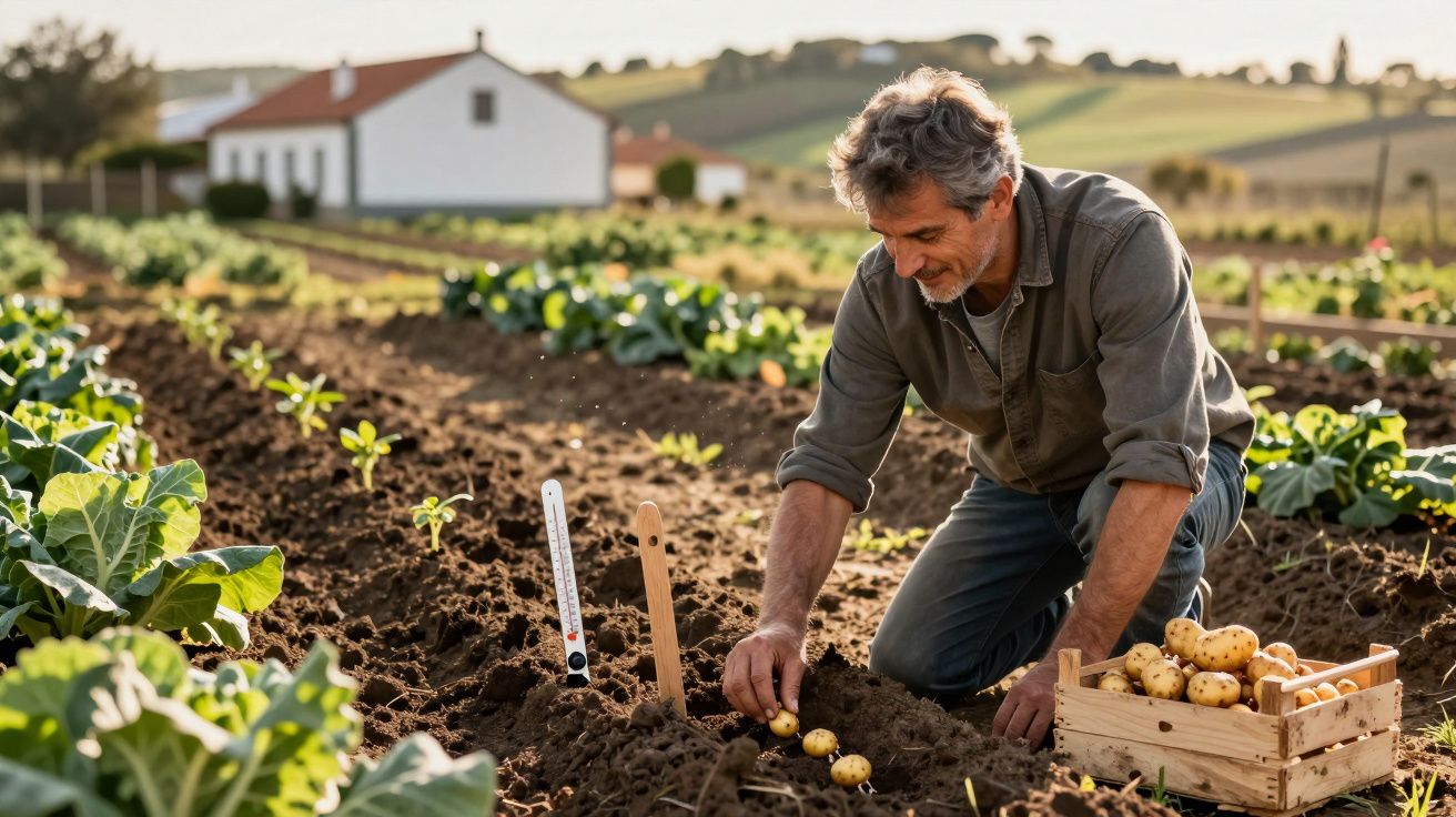 Homem a cultivar batatas numa quinta com caixa de madeira cheia de batatas ao lado e casa ao fundo.