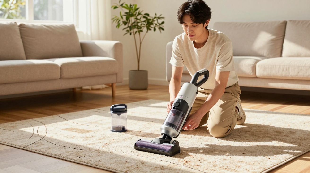 Pessoa a aspirar um tapete numa sala de estar luminosa com sofá e planta.