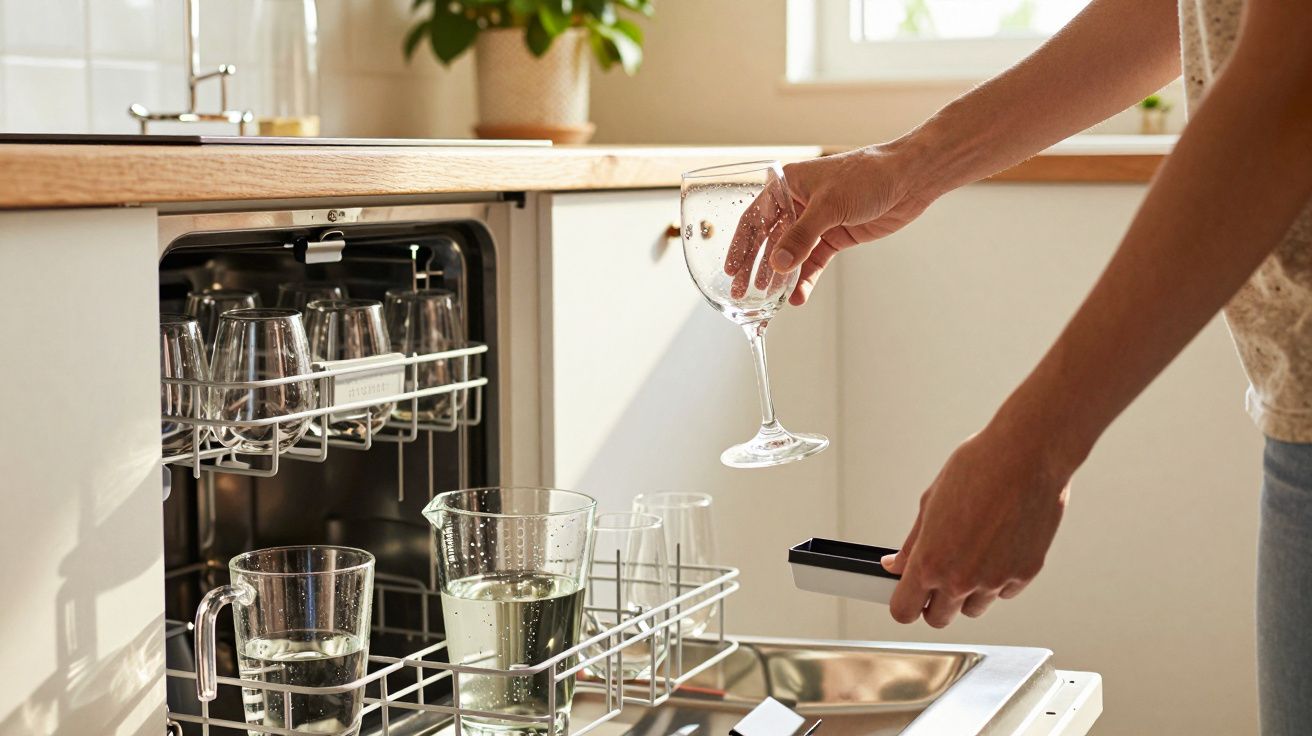 Pessoa a retirar copo de vidro lavado de máquina de lavar loiça numa cozinha iluminada.