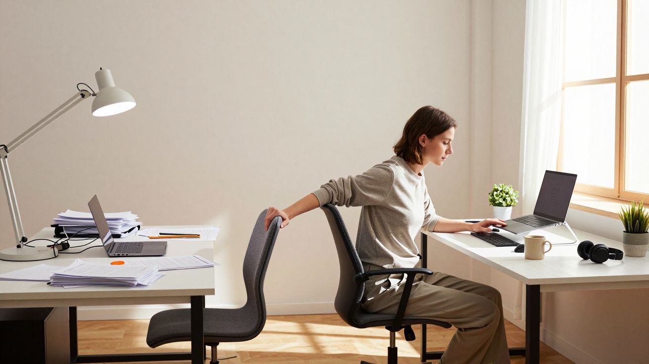 Mulher a alongar as costas numa cadeira de escritório junto a secretária com computador portátil e luz natural.