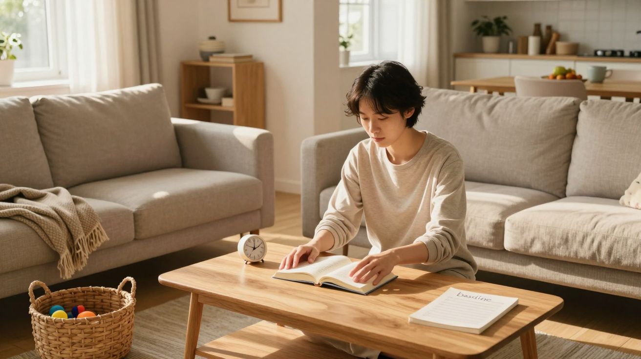 Pessoa a ler livro sentada no chão junto a mesa de madeira numa sala iluminada e acolhedora.