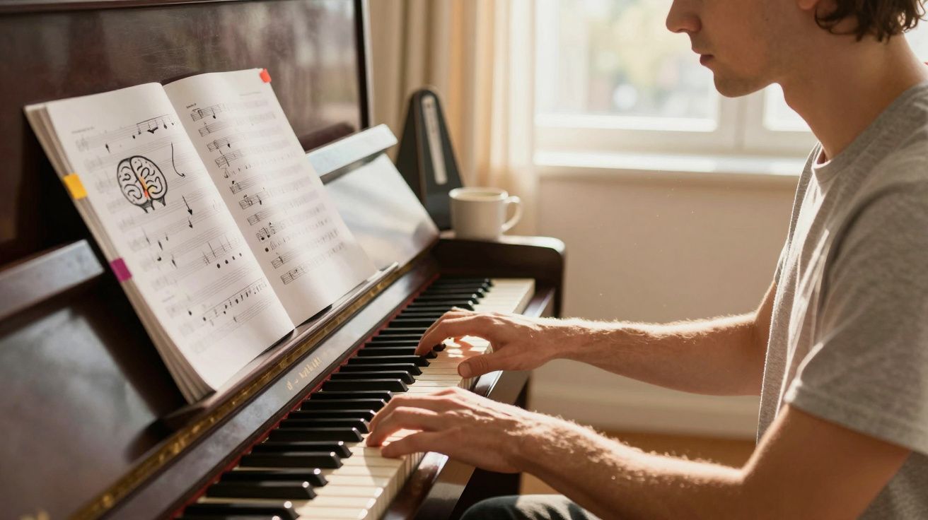 Homem a tocar piano com partitura e metronomo numa sala iluminada por luz natural.