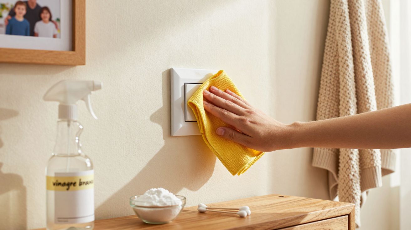 Mão a limpar interruptor de luz com pano amarelo, ao lado de spray de vinagre branco e bicarbonato.