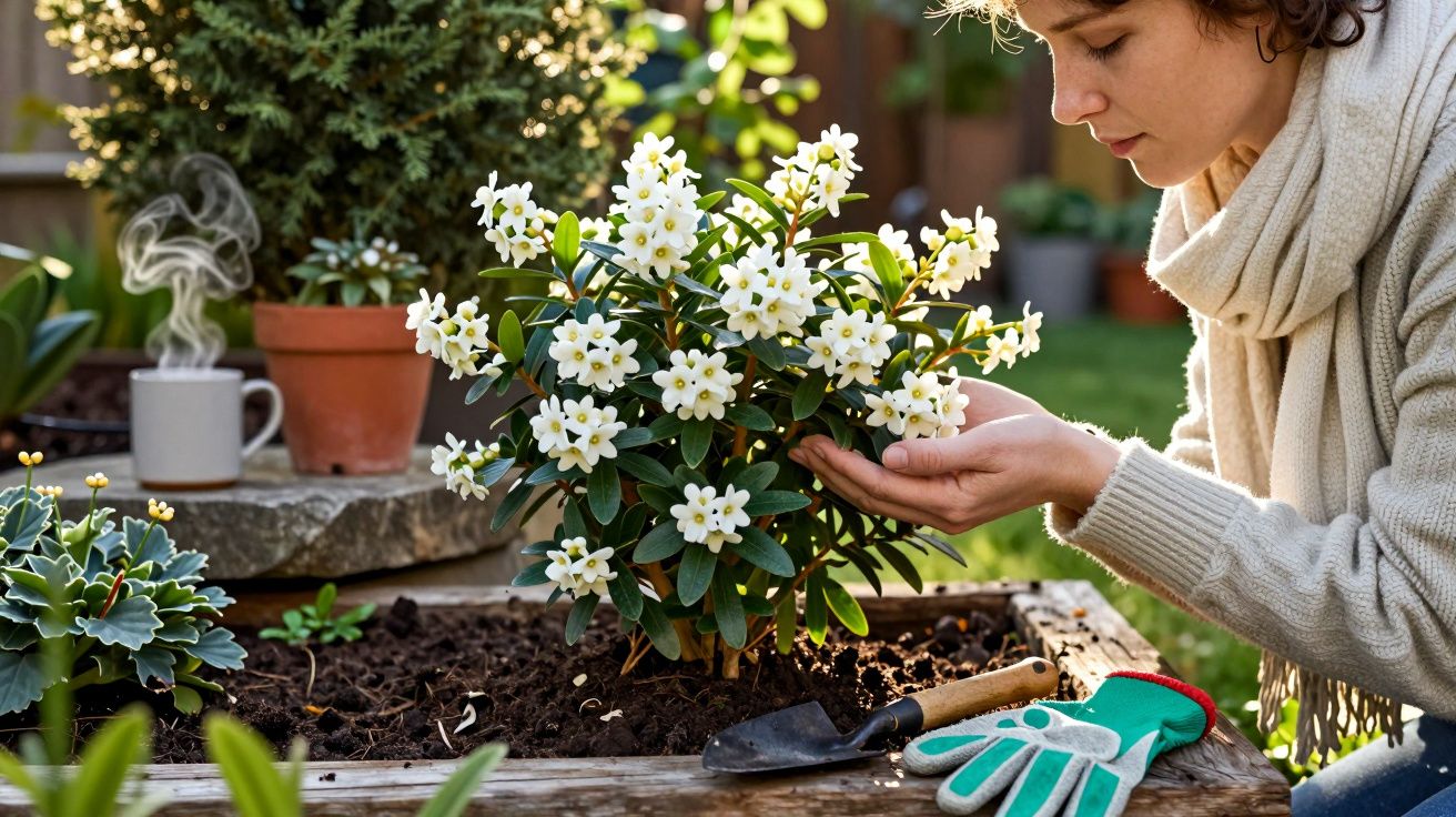 Pessoa a cuidar e observar flores brancas num jardim com luvas e ferramentas de jardinagem.