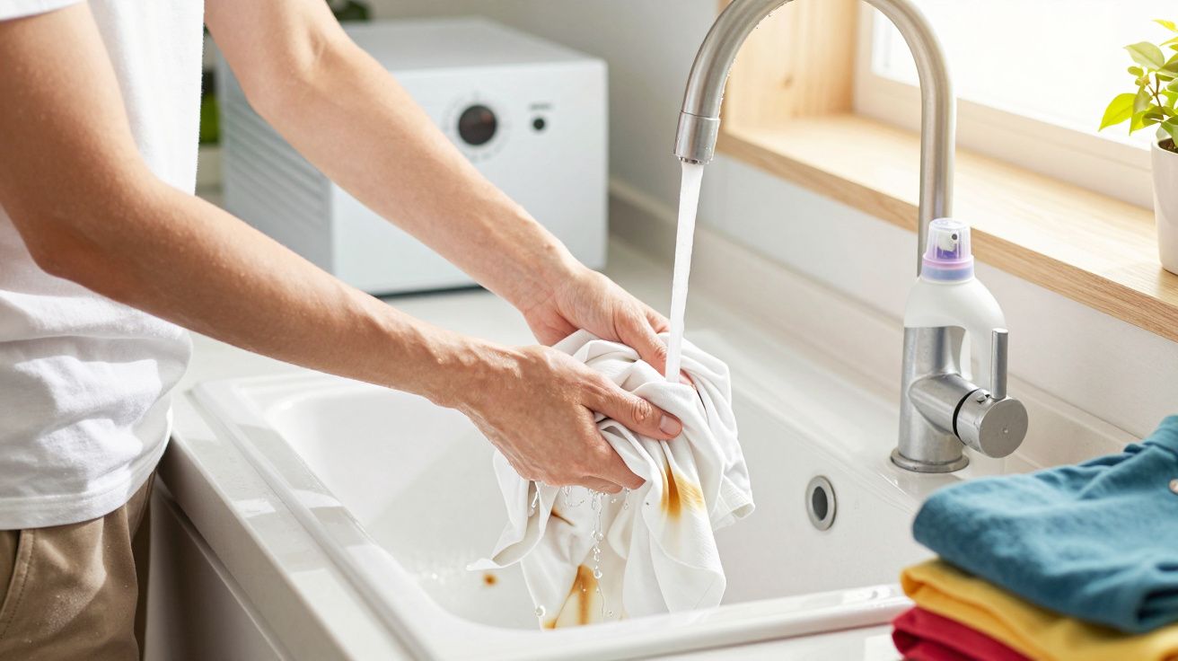 Pessoa a lavar uma peça de roupa manchada numa pia com torneira aberta numa cozinha iluminada.