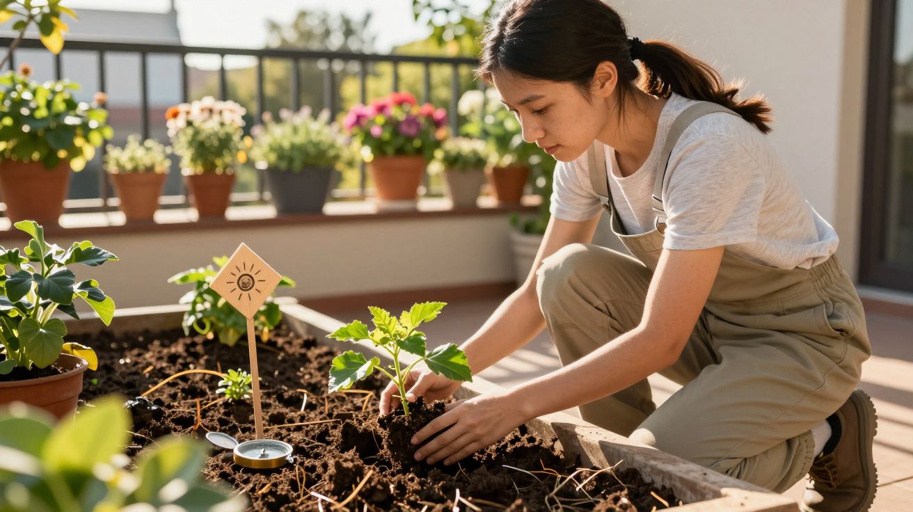 Mulher a cuidar de plantas numa pequena horta em varanda com várias flores em vasos ao fundo.