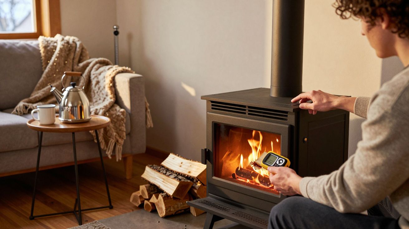 Pessoa a medir a temperatura da lareira acesa numa sala acolhedora com lenha e chávena numa mesa.