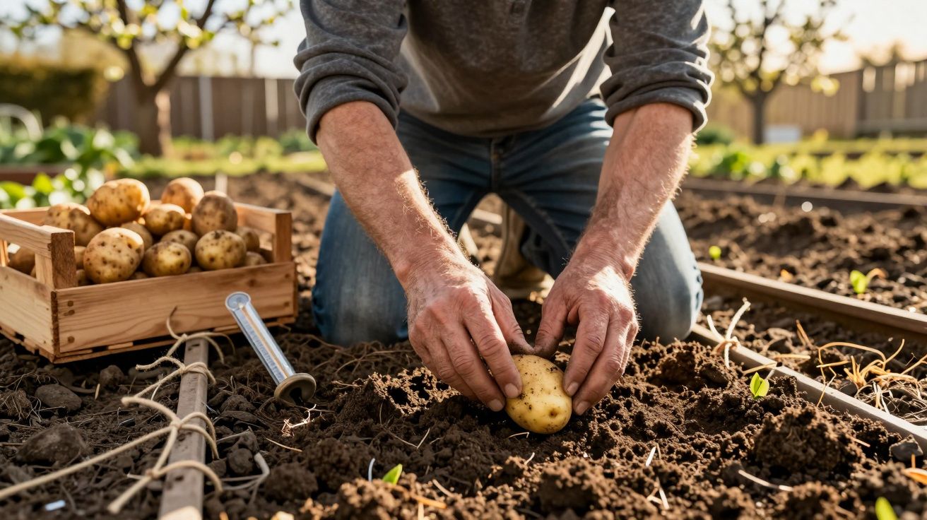 Pessoa a plantar batata em solo fértil num campo ensolarado, com caixa de batatas ao lado.