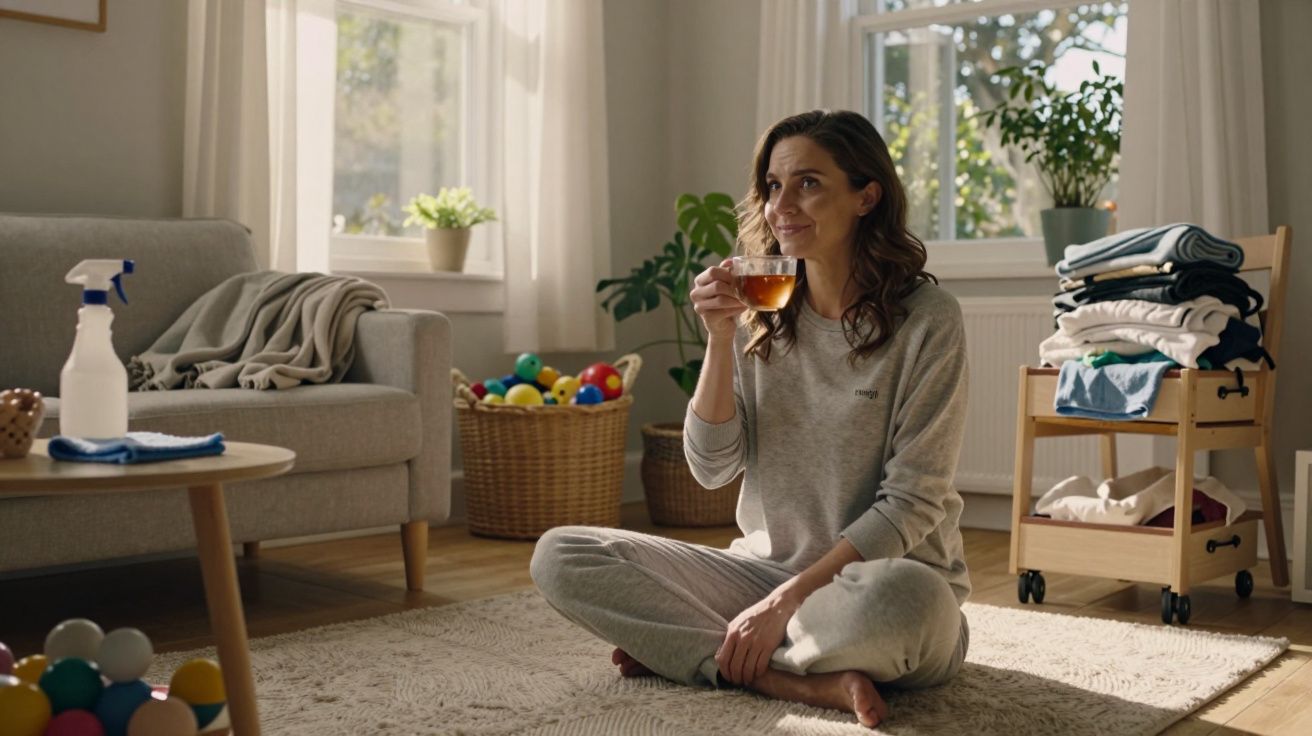 Mulher sentada no chão de uma sala iluminada, a beber chá, rodeada de brinquedos e roupa dobrada.