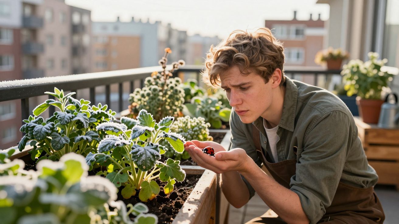 Jovem observa uma joaninha na mão enquanto cuida de plantas numa varanda urbana.
