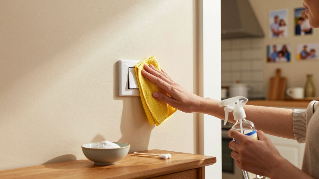 Pessoa a limpar interruptor de luz com pano amarelo e spray de limpeza numa parede interior.