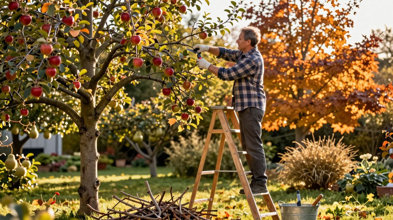 Homem em escada a colher maçãs num pomar ao ar livre durante outono.