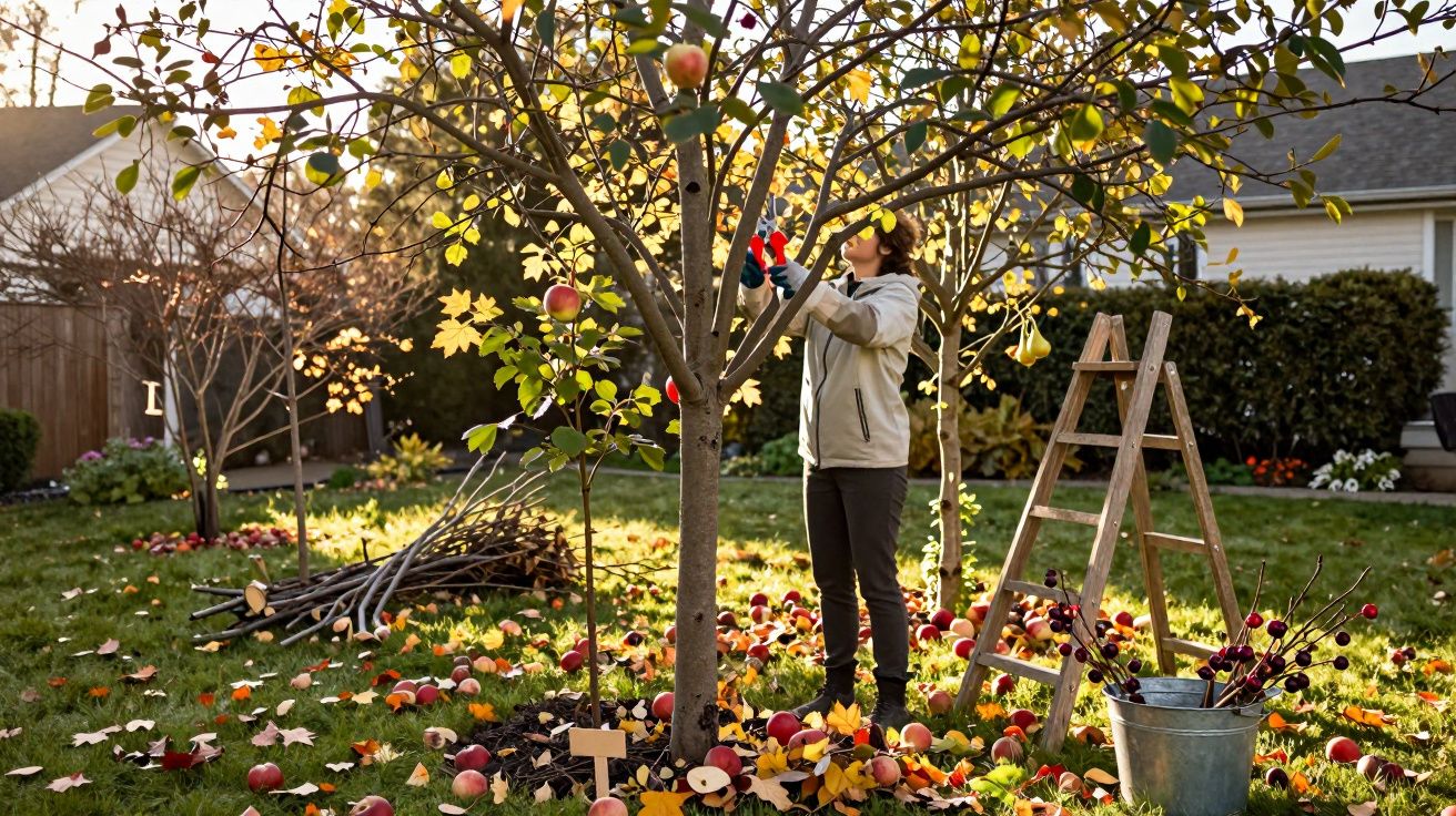Pessoa a apanhar maçãs numa árvore de um jardim com folhas caídas e sol de outono.