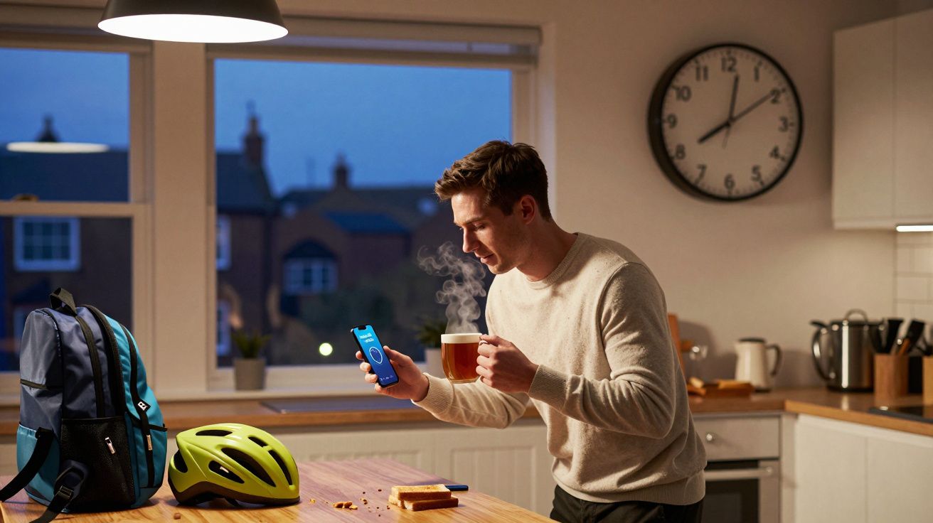 Homem em cozinha ao amanhecer com chá quente, mochila e capacete de bicicleta na mesa.