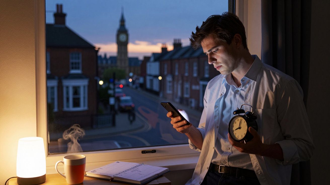 Homem em camisa branca consulta telemóvel segurando despertador perto de janela ao anoitecer com vista para o Big Ben.