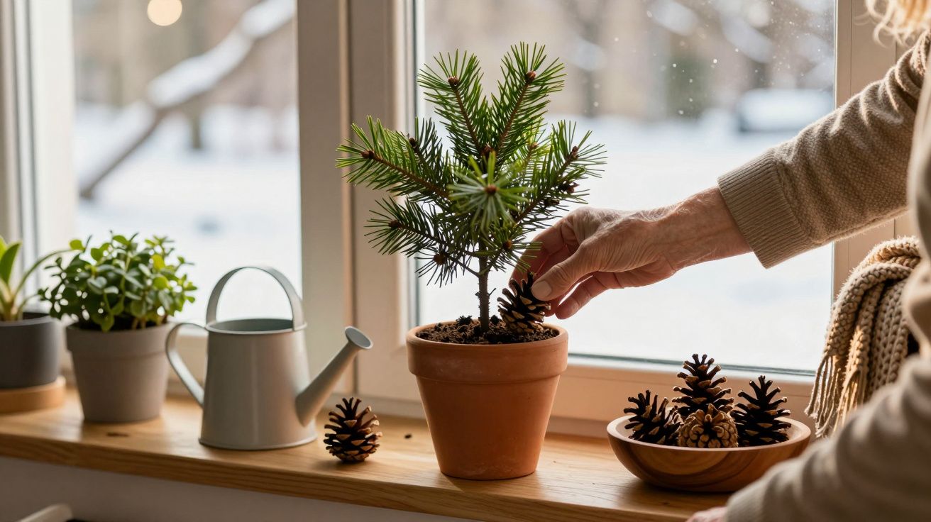 Mãos a colocar pinha numa pequena árvore de Natal em vaso, num peitoril com plantas e regador.