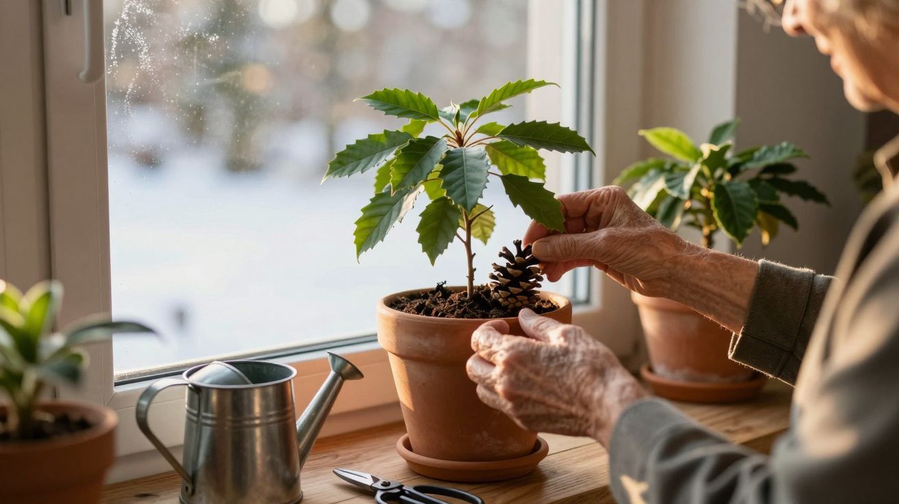 Mãos de idoso a colocar uma pinha em vaso com planta junto a janela, regador e tesoura na mesa de madeira.