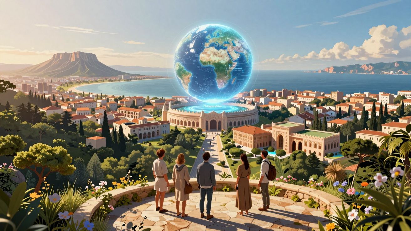 Cinco pessoas observam um globo terrestre holográfico sobre uma cidade costeira iluminada pelo sol.