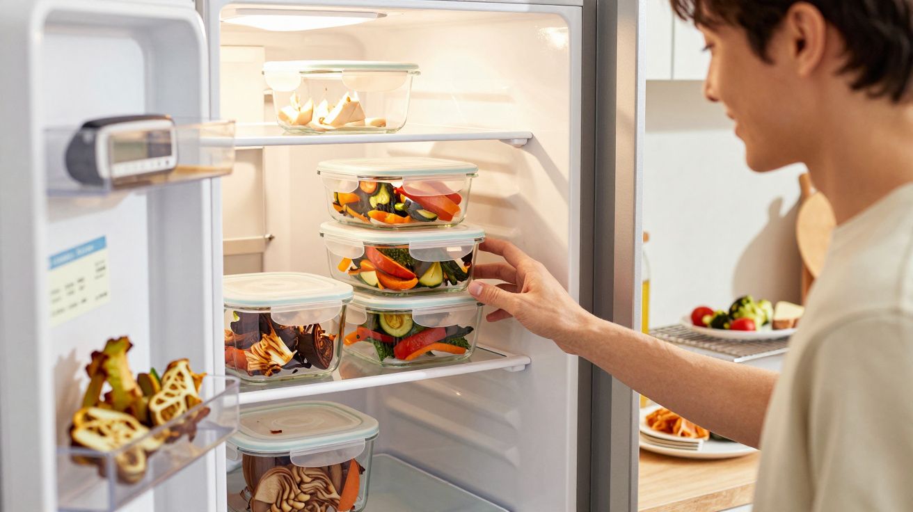 Pessoa a colocar recipientes de vidro com vegetais cortados no frigorífico aberto numa cozinha.