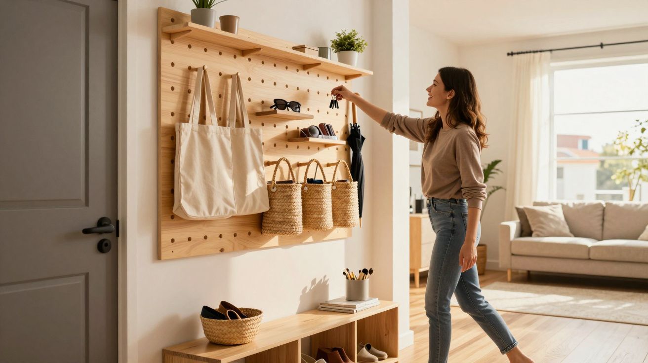 Mulher organiza acessórios num painel de madeira numa entrada luminosa de casa moderna.