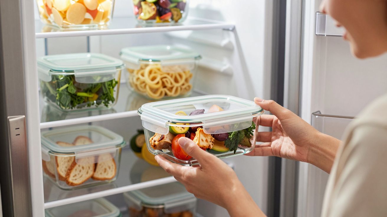 Pessoa a colocar caixa de vidro com alimentos frescos no frigorífico organizado com recipientes similares.