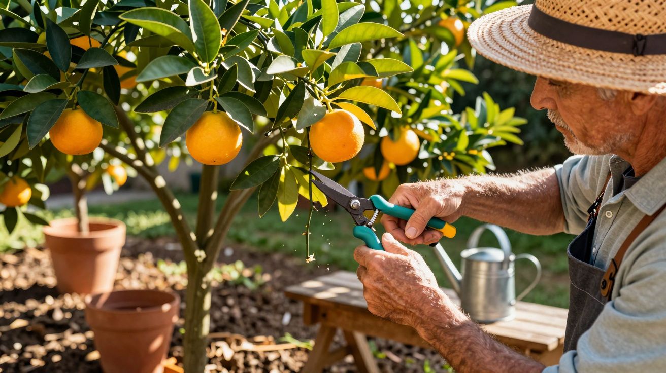 Homem idoso a podar laranjeira com tesoura de poda num jardim soalheiro.